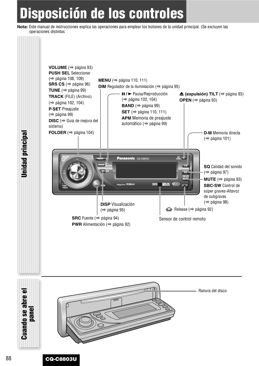 Panasonic CQ-C8803U operating instructions Disposición de los controles, Unidad principal, Expulsión Tilt a página 