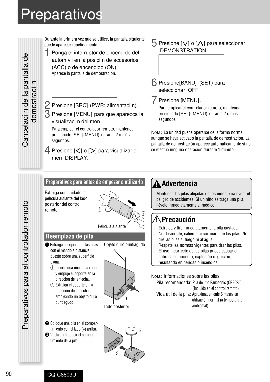 Panasonic CQ-C8803U operating instructions Remoto, Reemplazo de pila, Preparativos para el controlador 