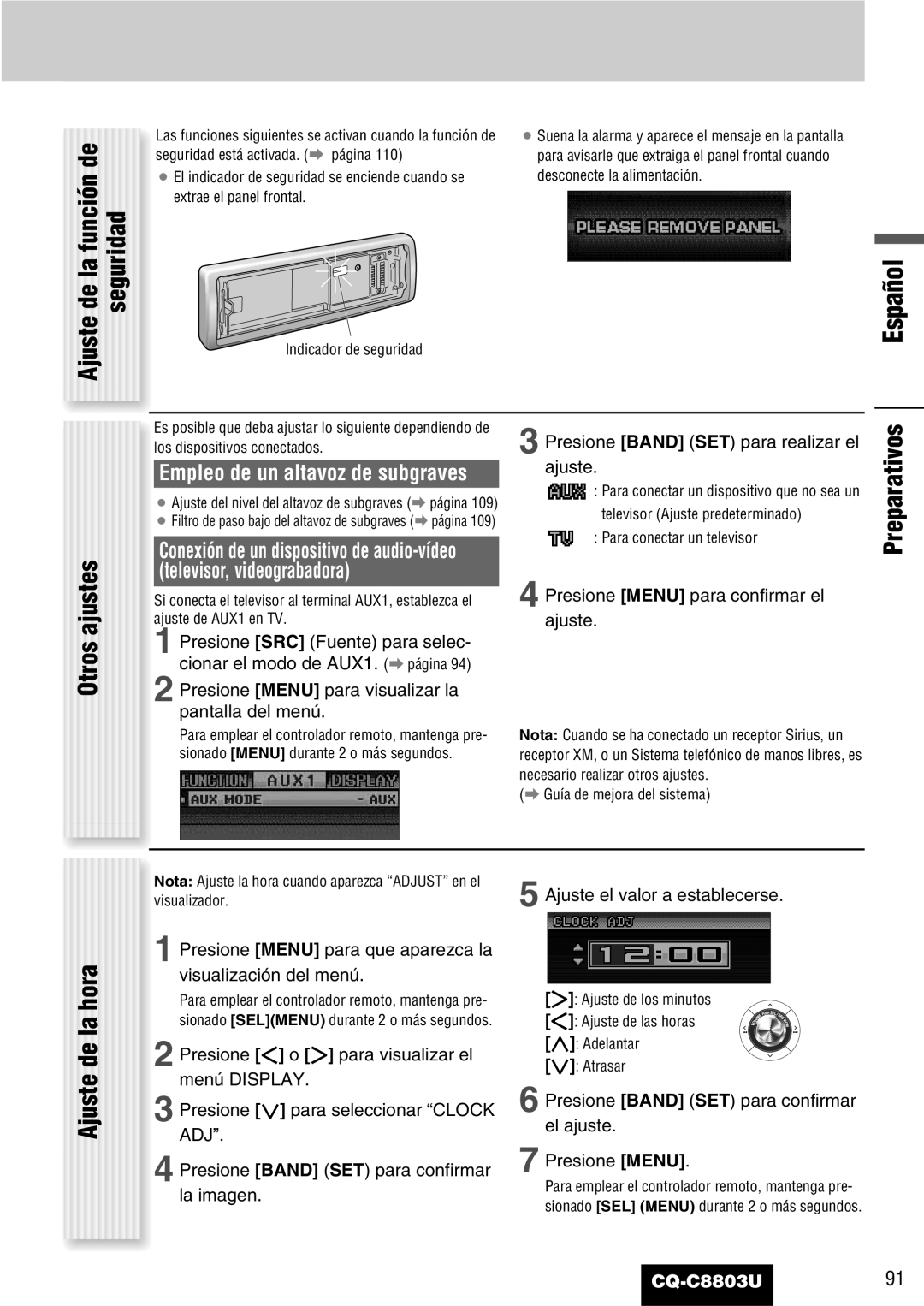 Panasonic CQ-C8803U operating instructions De la función de Seguridad, Otros ajustes, Preparativos Ajuste de la hora 