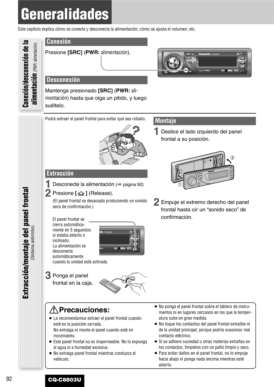 Panasonic CQ-C8803U operating instructions Generalidades, Precauciones 