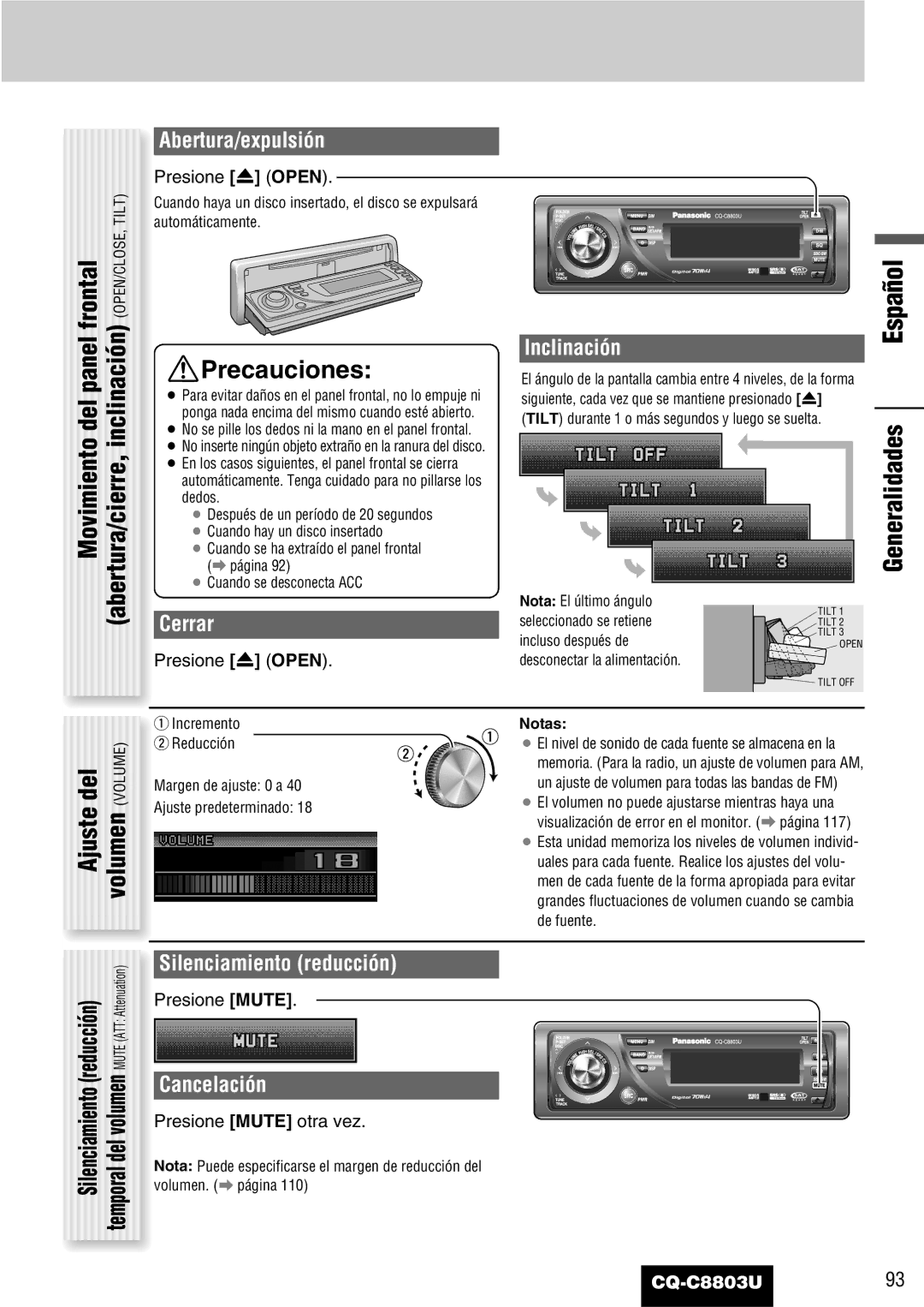 Panasonic CQ-C8803U operating instructions Generalidades, Ajuste del volumen Volume 