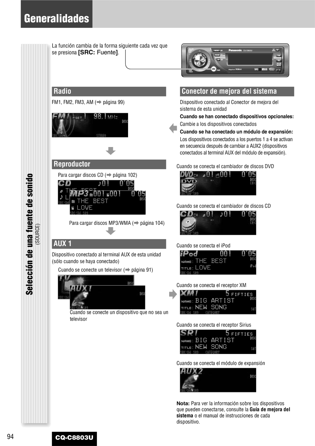 Panasonic CQ-C8803U Generalidades, Selección de una fuente de sonido, Reproductor, Conector de mejora del sistema 