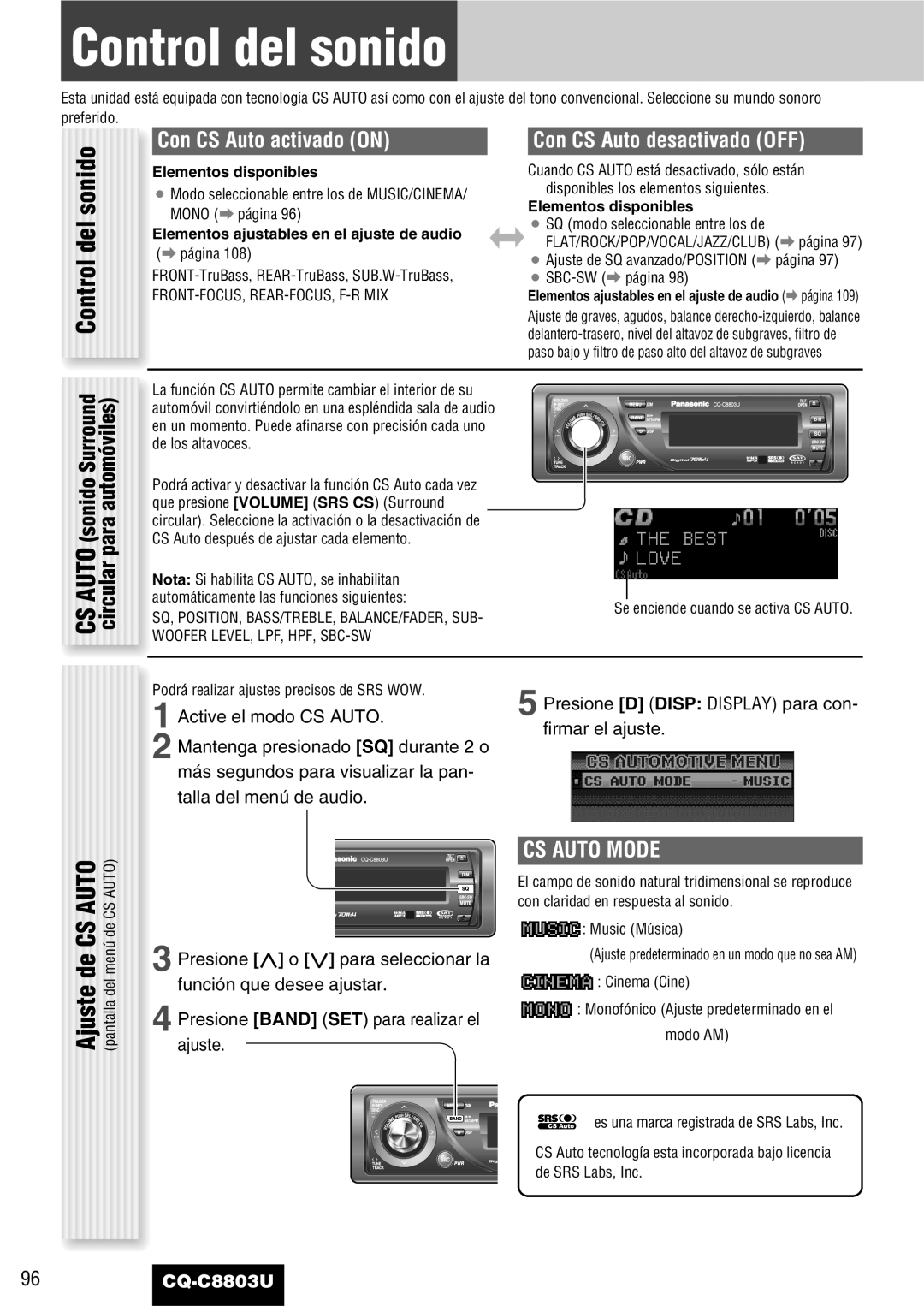 Panasonic CQ-C8803U operating instructions Con CS Auto activado on, Control del sonido CS Auto sonido Surround, De CS 