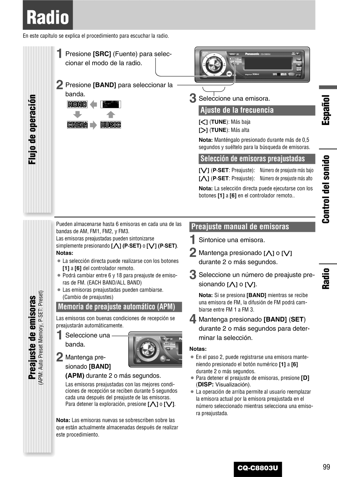 Panasonic CQ-C8803U Control del sonido Radio, Flujo de operación, Memoria de preajuste automático APM 