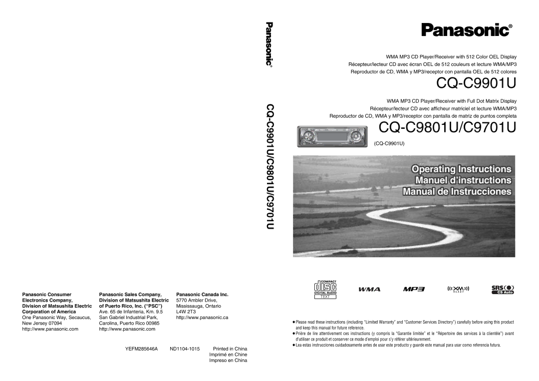 Panasonic CQ-C9801U operating instructions Division of Matsushita Electric Puerto Rico, Inc. PSC, Corporation of America 