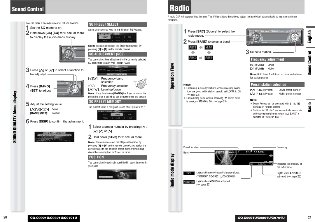 Panasonic CQ-C9901U, CQ-C9801U, C9701U Sound Quality Menu display, Display, Sound Control English Radio 