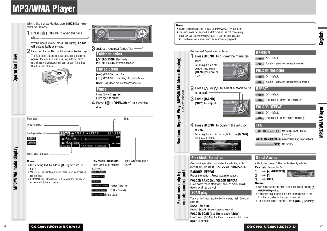 Panasonic C9701U, CQ-C9901U, CQ-C9801U operating instructions MP3/WMA Player, Mode, Folder Random, Folder Repeat 