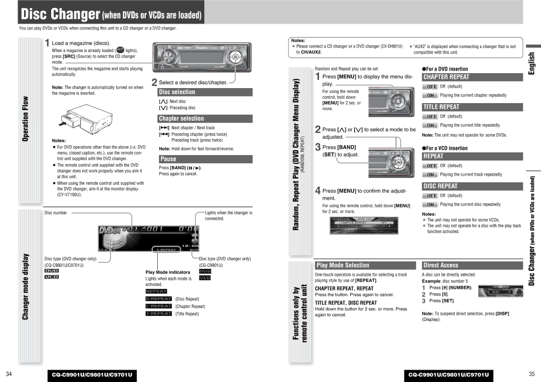 Panasonic C9701U Chapter selection, Chapter Repeat, Title Repeat, Chapter REPEAT, Repeat, Title REPEAT, Disc Repeat 