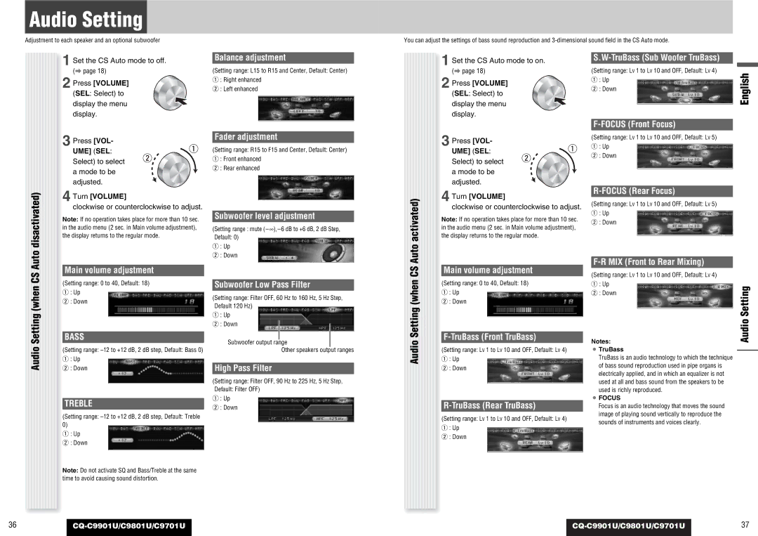 Panasonic CQ-C9901U, CQ-C9801U, C9701U operating instructions Audio Setting, Bass, Treble 