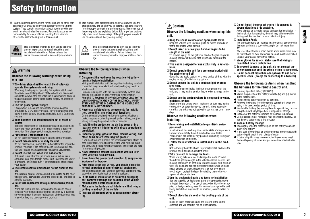 Panasonic CQ-C9801U operating instructions Safety Information, CQ-C9901U/C9801U/C9701U 