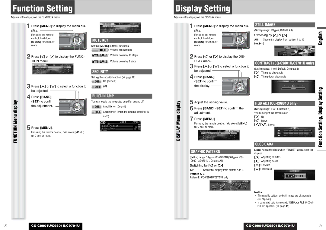 Panasonic CQ-C9901U, CQ-C9801U, C9701U operating instructions Function Setting, Display Setting, Menu 