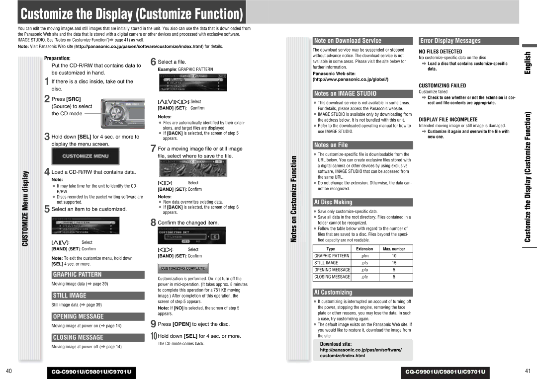 Panasonic CQ-C9801U Customize Menu display, Customize the Display Customize Function, Opening Message, Closing Message 