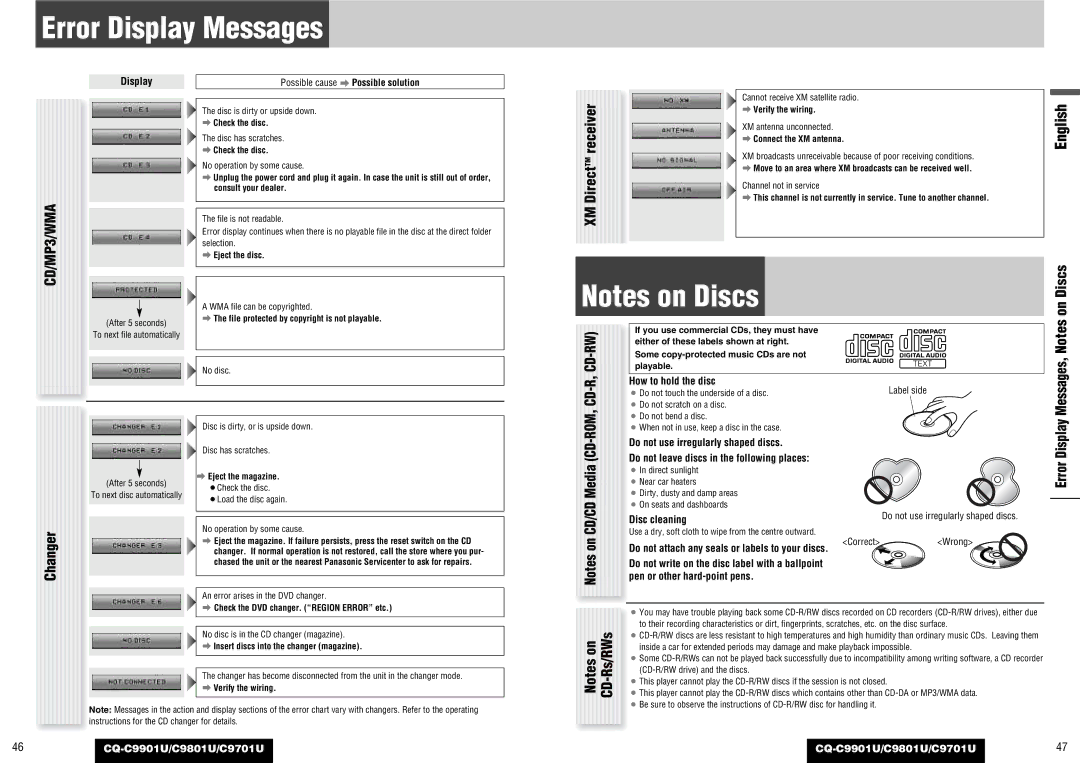 Panasonic CQ-C9901U, CQ-C9801U, C9701U operating instructions Error Display Messages, Receiver, Discs, DirectTM 