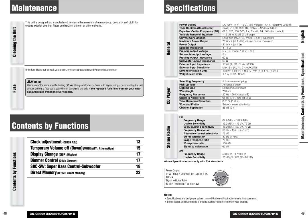 Panasonic CQ-C9801U, CQ-C9901U, C9701U operating instructions Maintenance, Contents by Functions, Specifications 