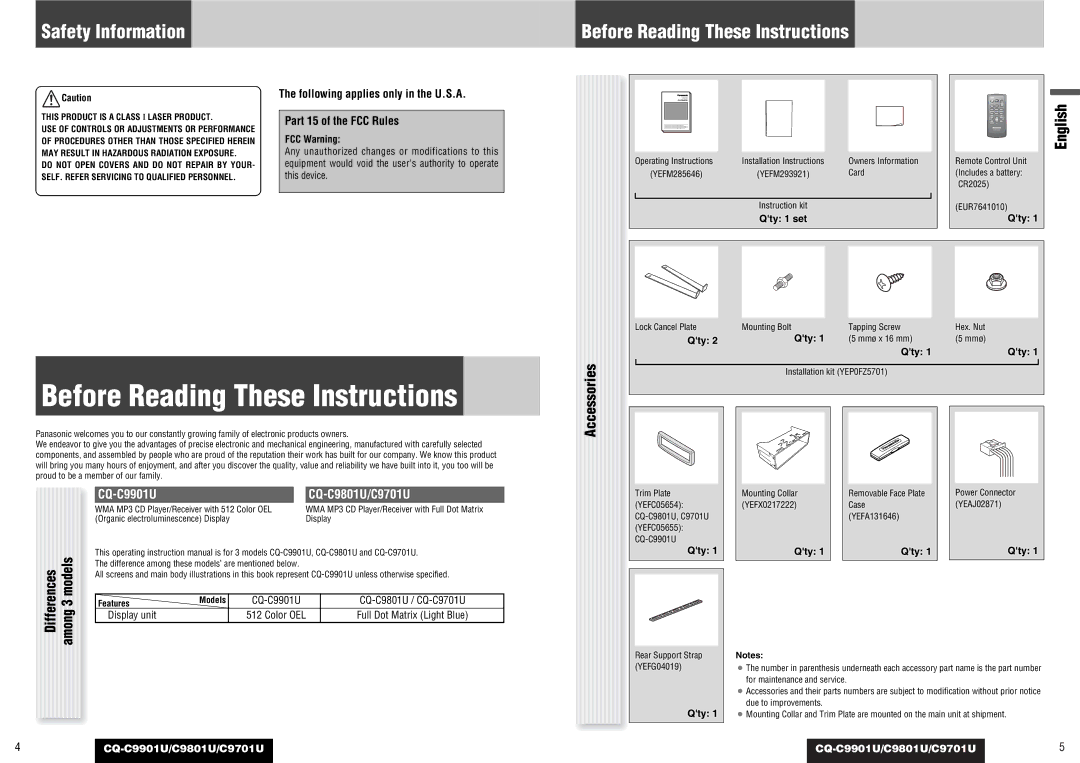 Panasonic Safety Information Before Reading These Instructions, CQ-C9901U CQ-C9801U/C9701U, Qty 1 set 