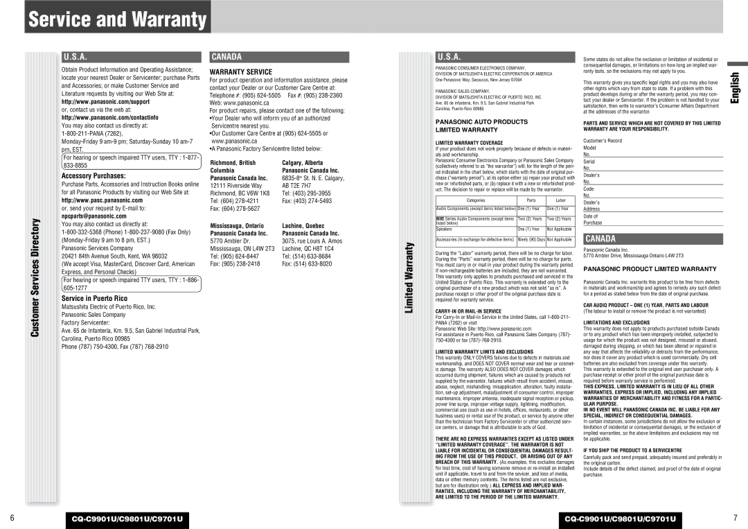 Panasonic CQ-C9901U, C9701U Service and Warranty, Customer Services Directory, Limited Warranty, Canada, Warranty Service 