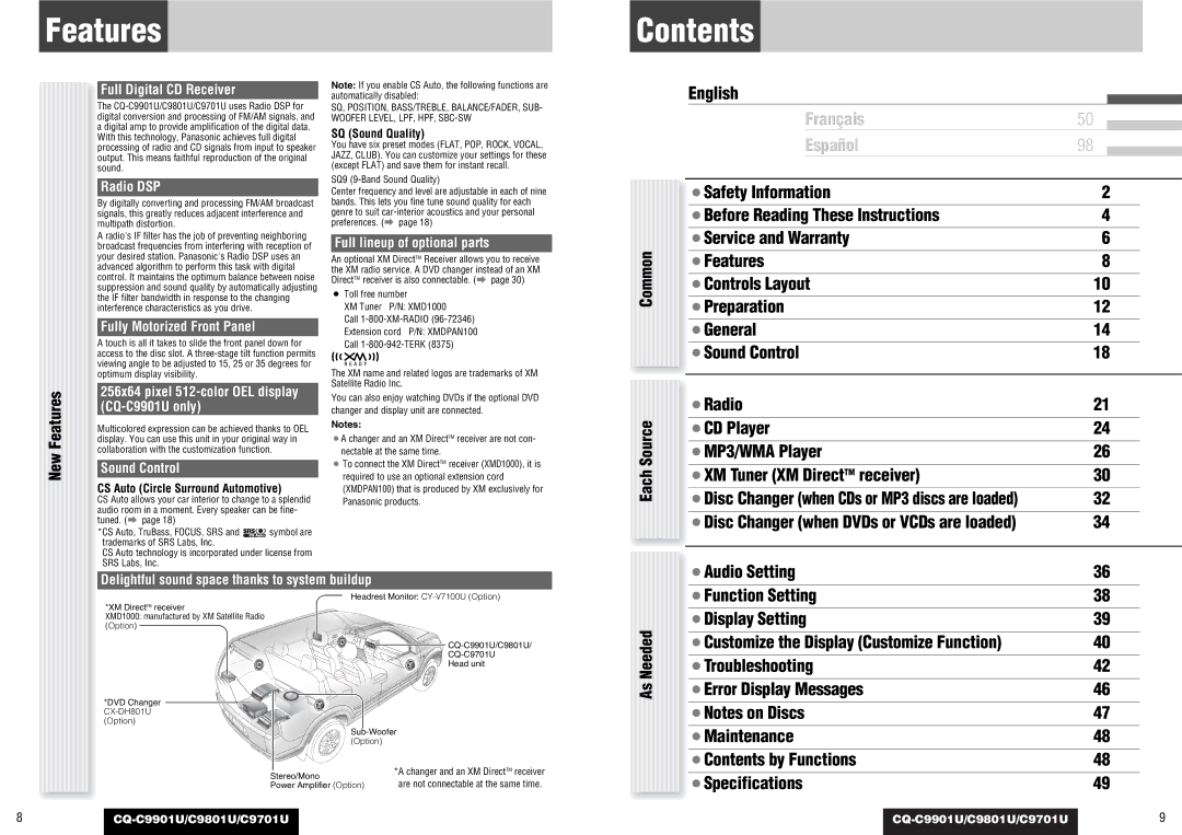 Panasonic CQ-C9801U, CQ-C9901U, C9701U operating instructions Features, Contents 