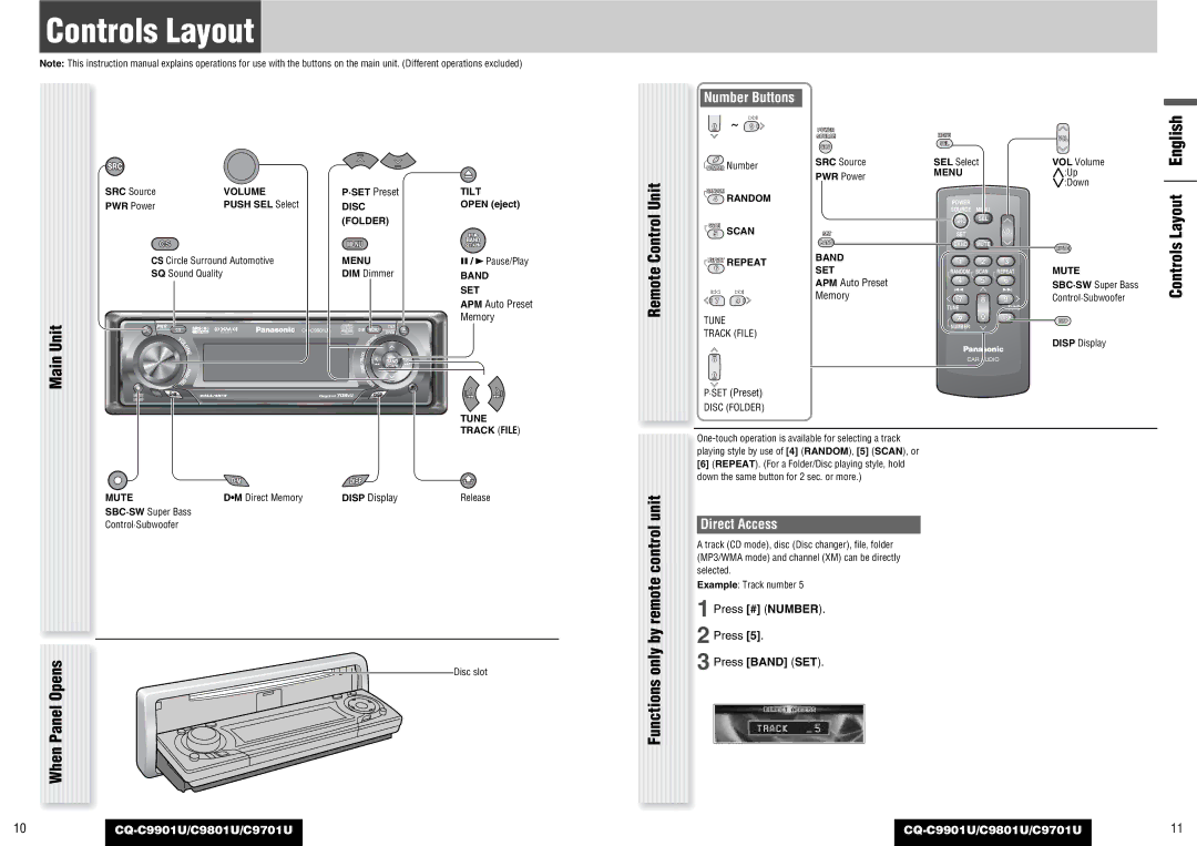 Panasonic C9701U, CQ-C9901U Controls Layout, OpensPanelWhen, Remote Control Unit Functions only by remote control unit 