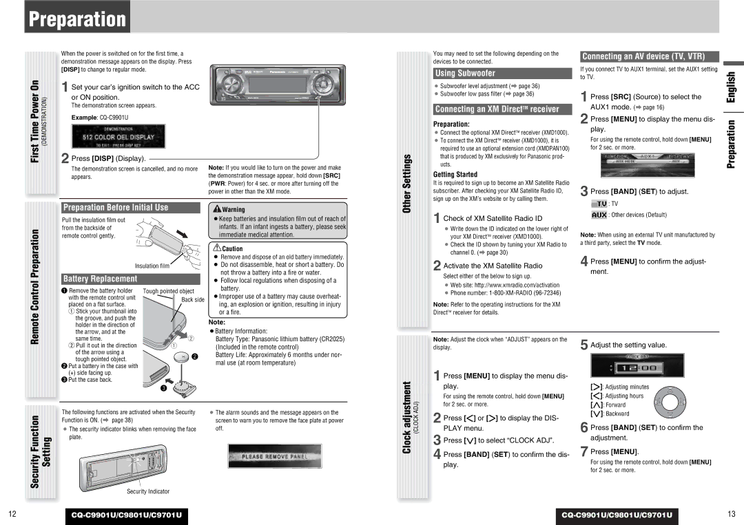 Panasonic CQ-C9901U, CQ-C9801U, C9701U operating instructions Preparation, Clock adjustment 