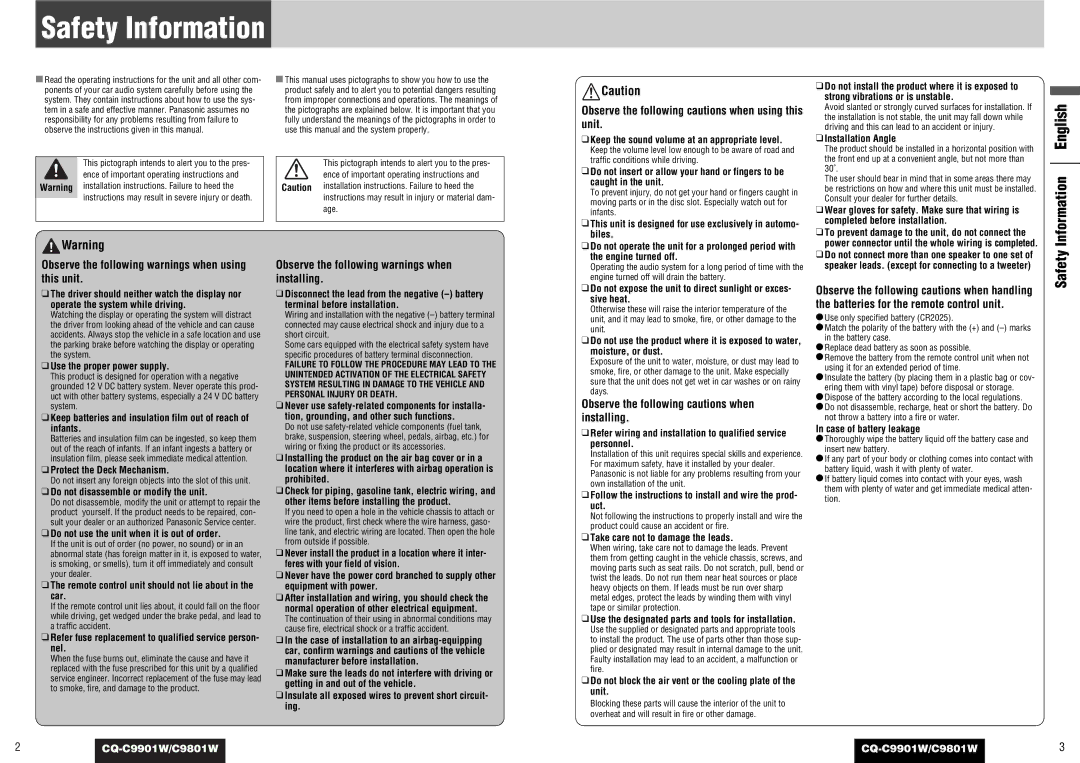 Panasonic operating instructions Safety Information, Information English, CQ-C9901W/C9801W 