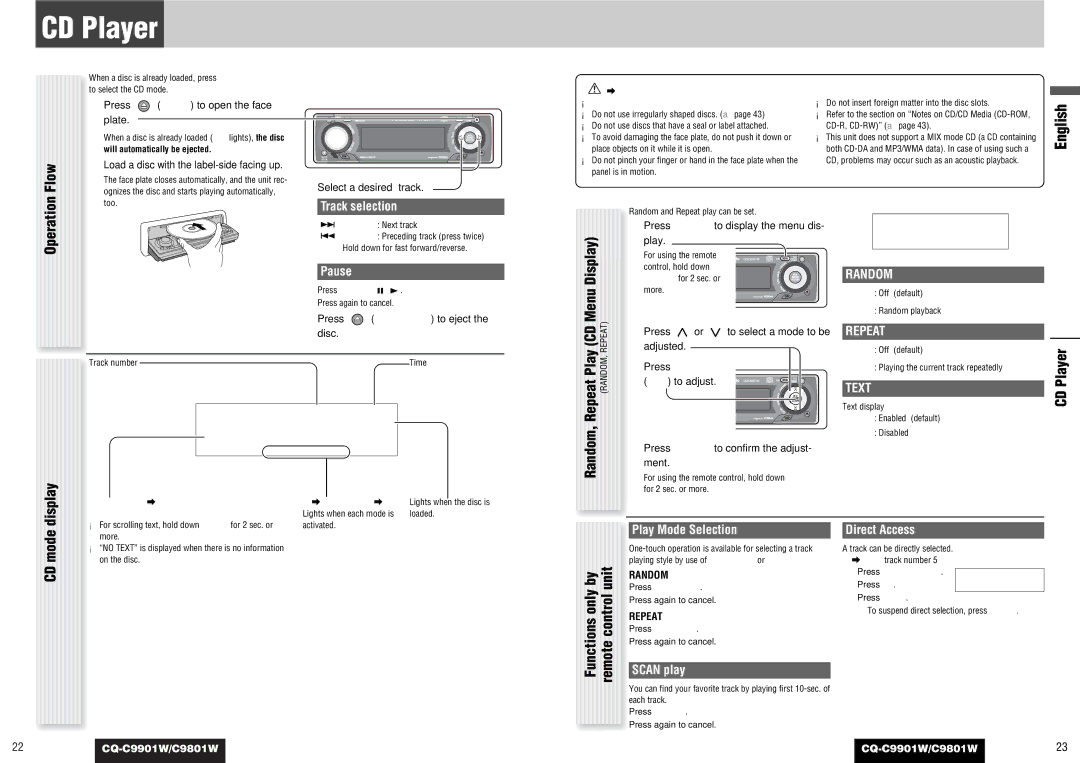 Panasonic C9801W, CQ-C9901W operating instructions CD Player, Flow, Display 