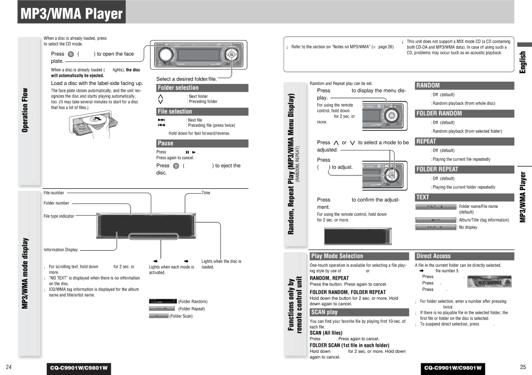 Panasonic CQ-C9901W, C9801W MP3/WMA Player, File selection, Folder Random, Folder Repeat, Folder selection 