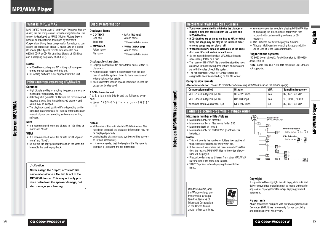 Panasonic C9801W, CQ-C9901W MP3/WMA Player, What is MP3/WMA?, Display Information, Recording MP3/WMA files on a CD-media 