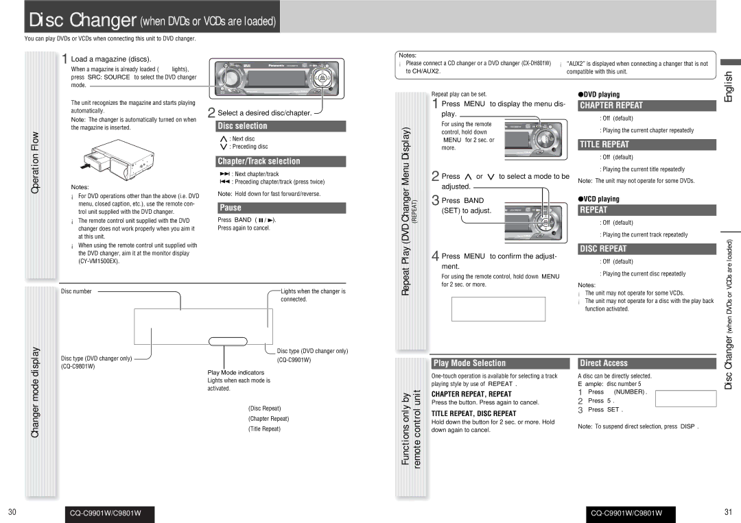 Panasonic C9801W, CQ-C9901W operating instructions Play, Chapter/Track selection, Chapter Repeat, Title Repeat, Disc Repeat 