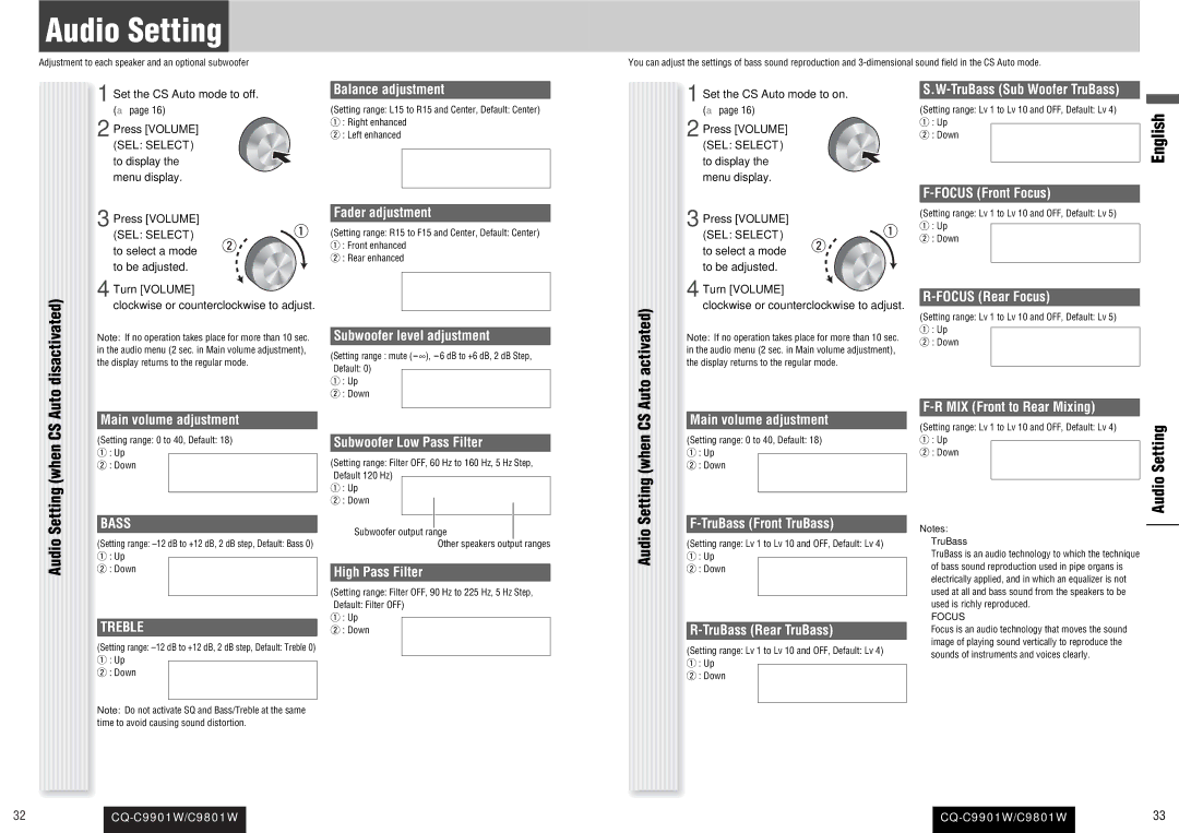 Panasonic CQ-C9901W, C9801W operating instructions Audio Setting, Auto disactivated 