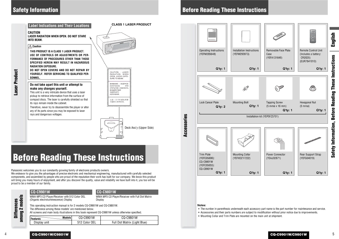 Panasonic CQ-C9901W, C9801W operating instructions Before Reading These Instructions, Safety Information 