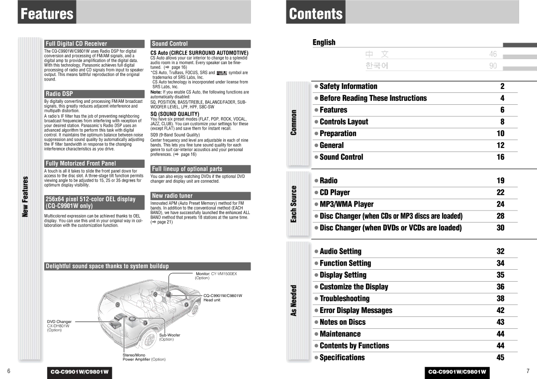 Panasonic C9801W, CQ-C9901W operating instructions Features, Contents 