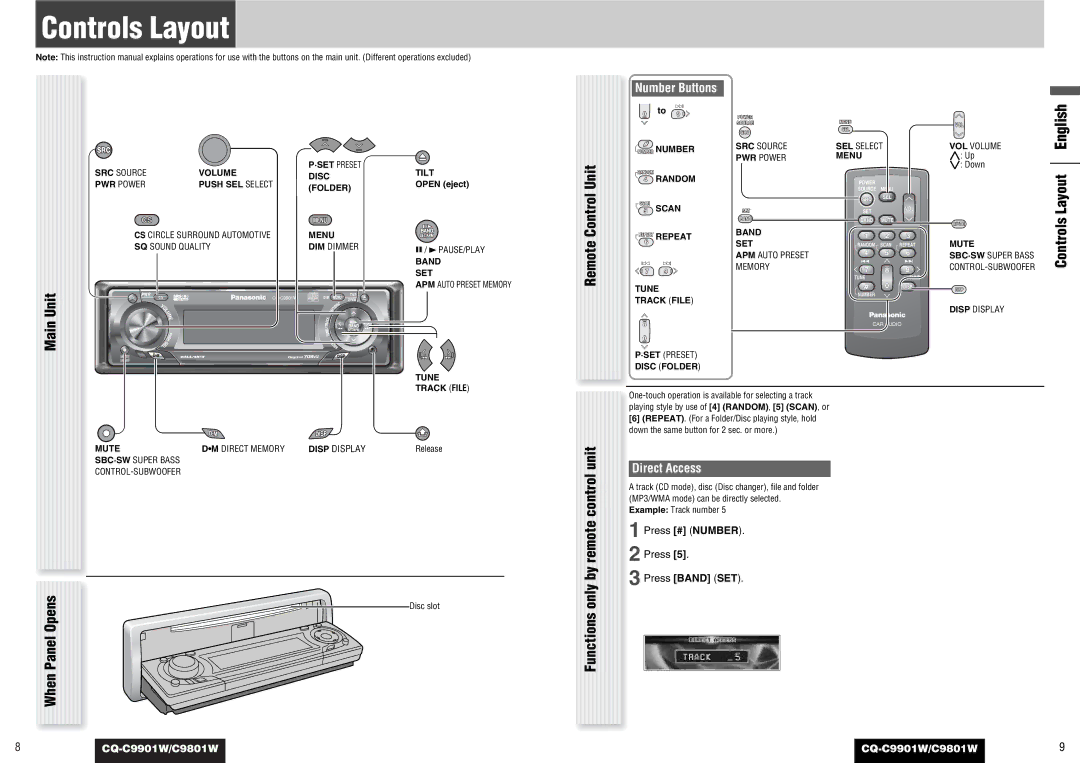 Panasonic CQ-C9901W, C9801W Controls Layout, OpensPanelWhen, Remote Control Unit Functions only by remote control unit 