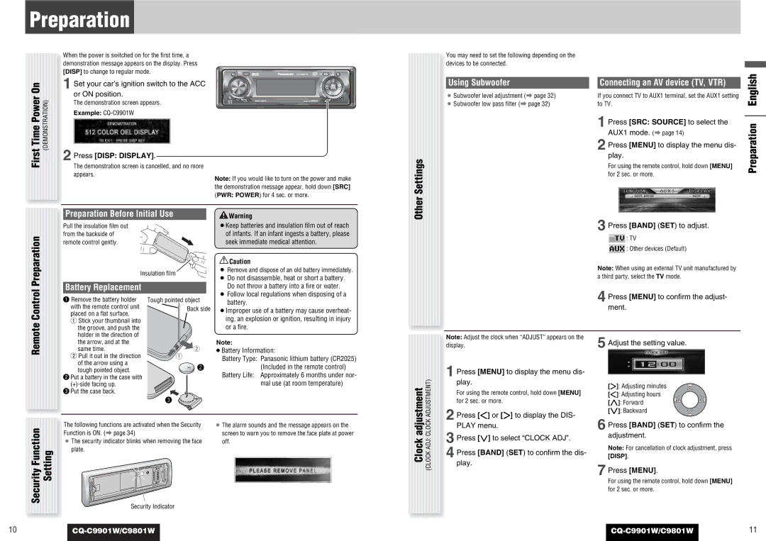 Panasonic C9801W Preparation Before Initial Use, Using Subwoofer, Connecting an AV device TV, VTR, Press Disp Display 