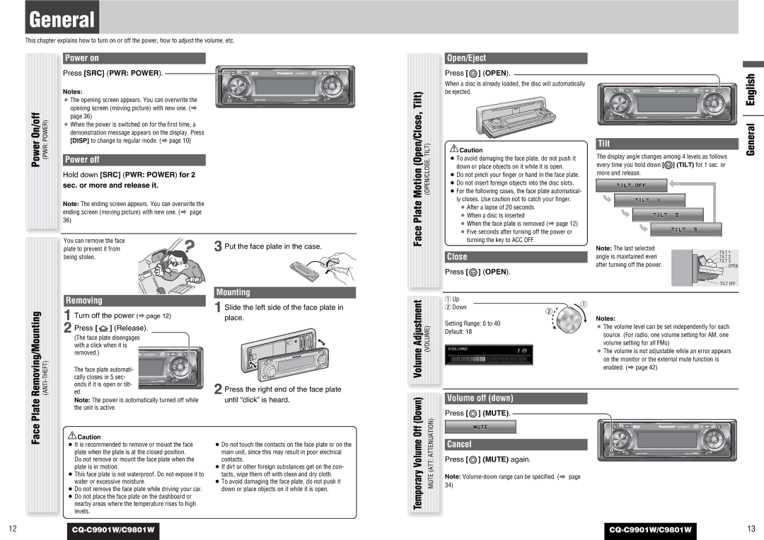 Panasonic CQ-C9901W, C9801W operating instructions General, Motion Open/Close, Tilt, Face Plate 