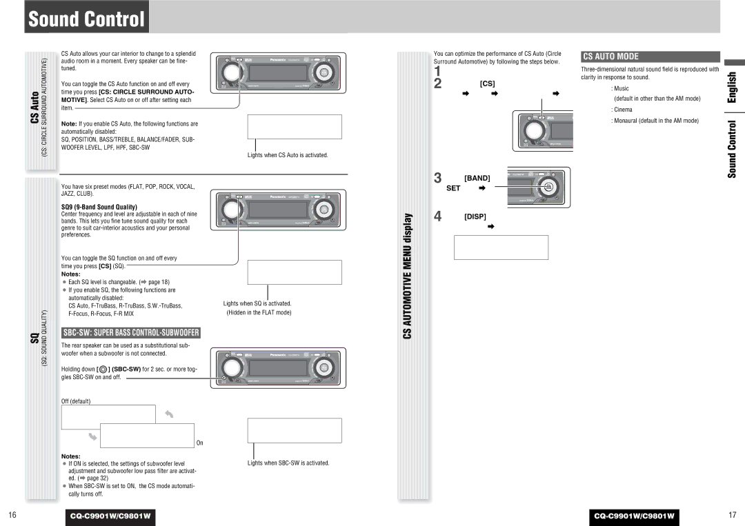 Panasonic CQ-C9901W, C9801W CS Automotive Menu display, Sound Control English, CS Auto Mode, SQ9 9-Band Sound Quality 