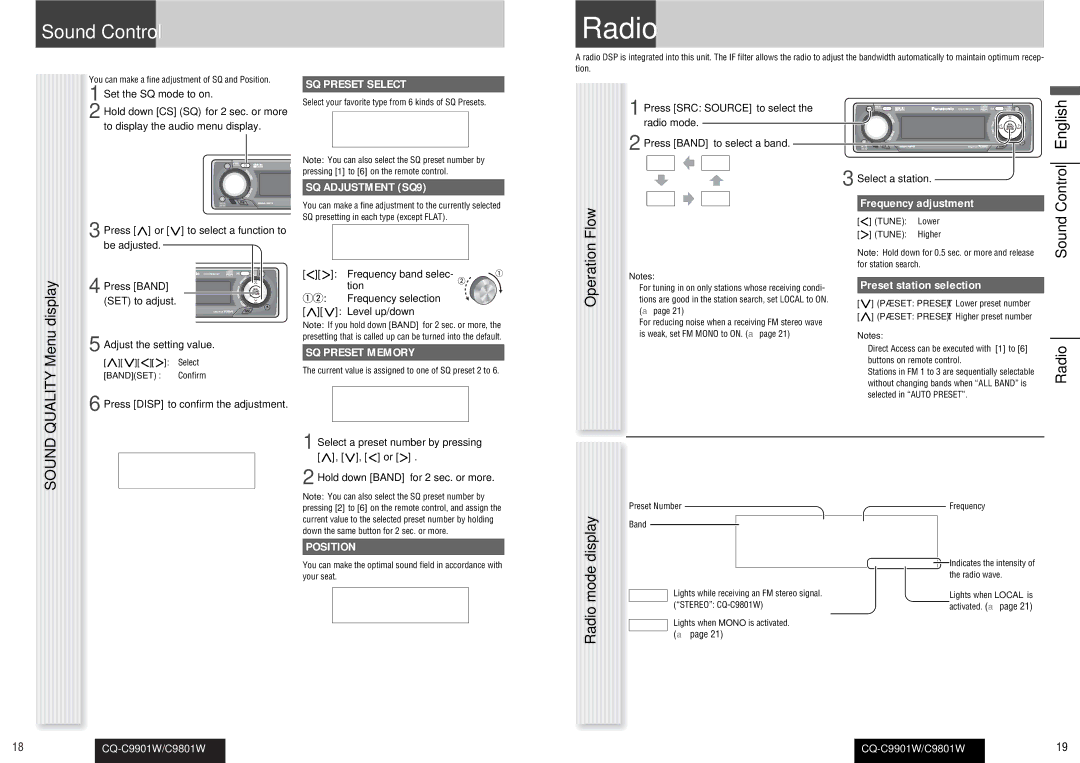 Panasonic C9801W, CQ-C9901W operating instructions Radio, Sound Control, Sound Quality Menu display 