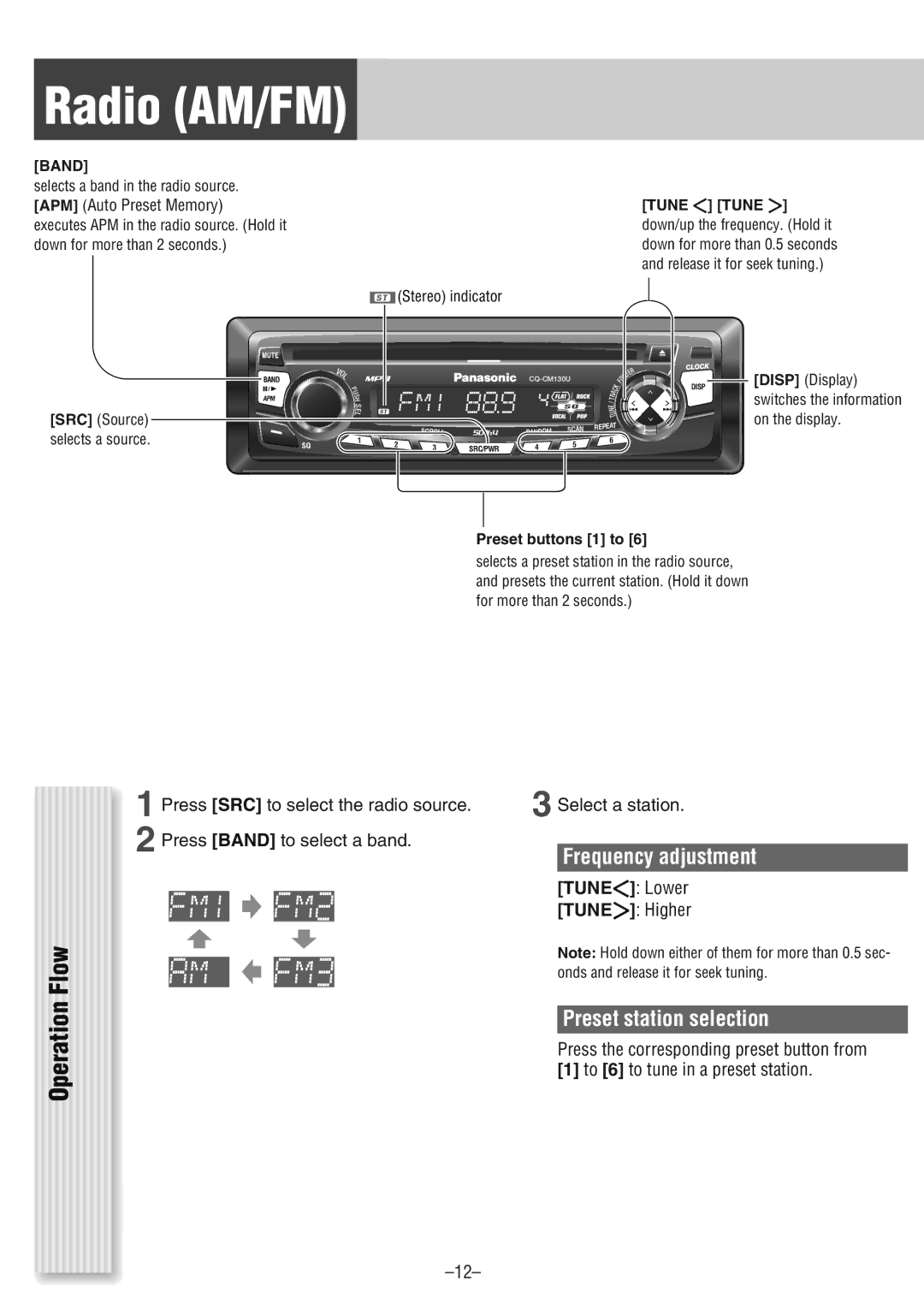 Panasonic CQ-CM130U warranty Radio AM/FM, Operation Flow, Frequency adjustment, Preset station selection, Band 