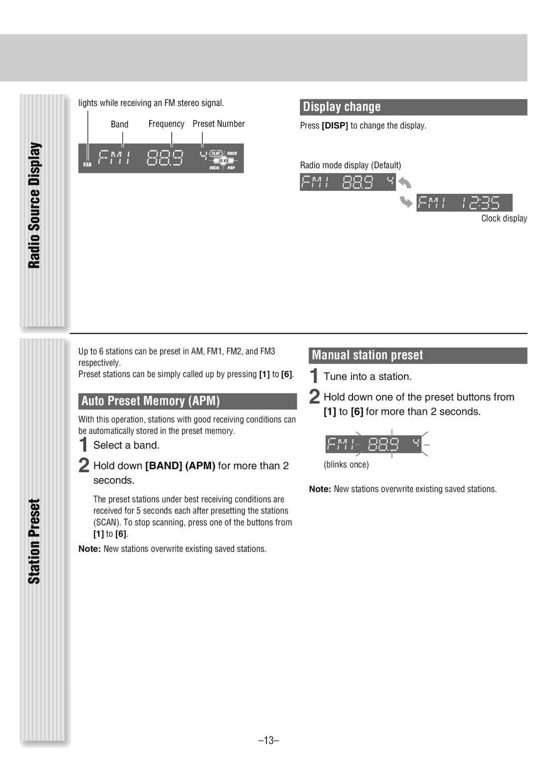 Panasonic CQ-CM130U Radio Source Display, Station Preset, Display change, Auto Preset Memory APM, Manual station preset 