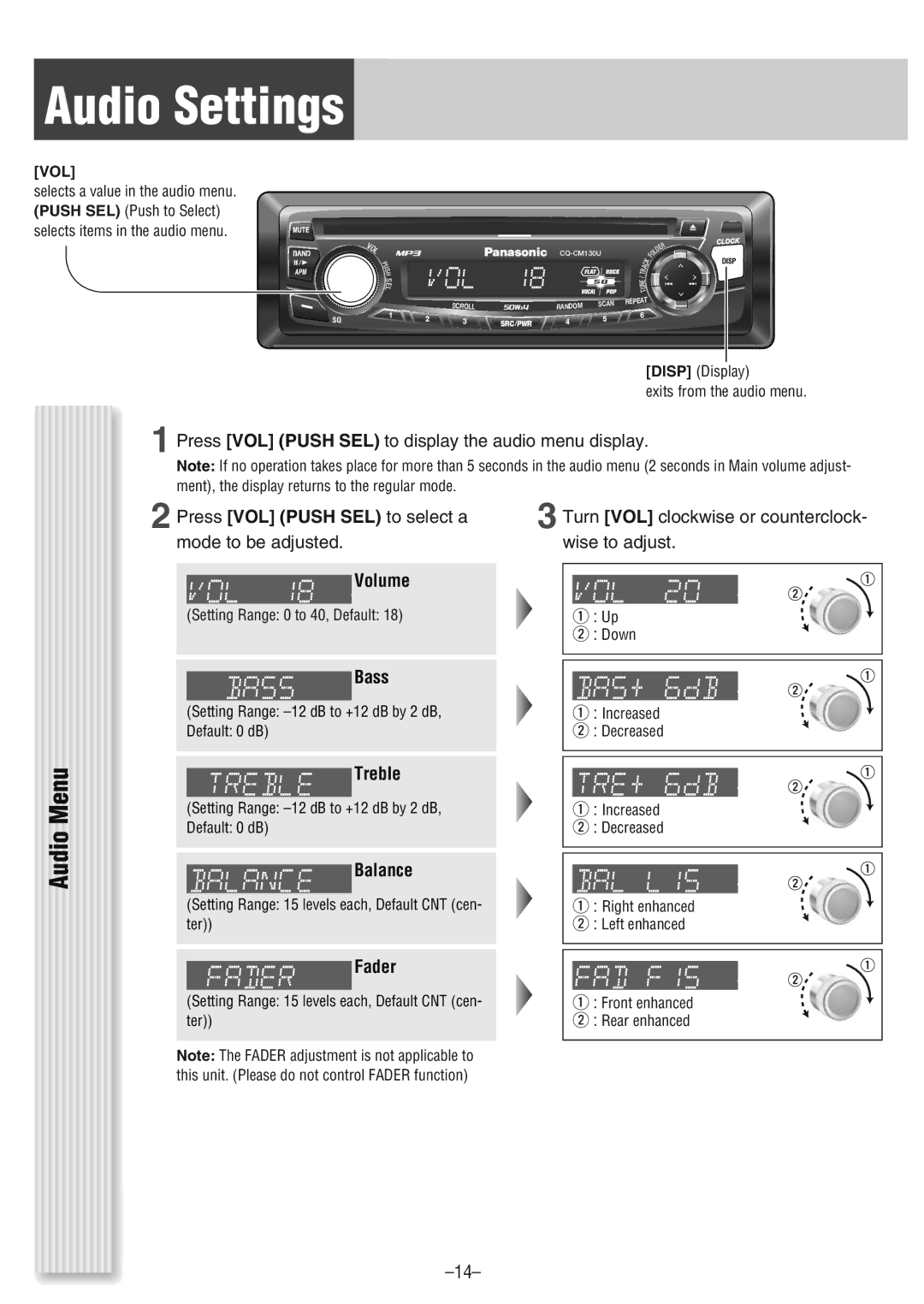 Panasonic CQ-CM130U warranty Audio Settings, Audio Menu 