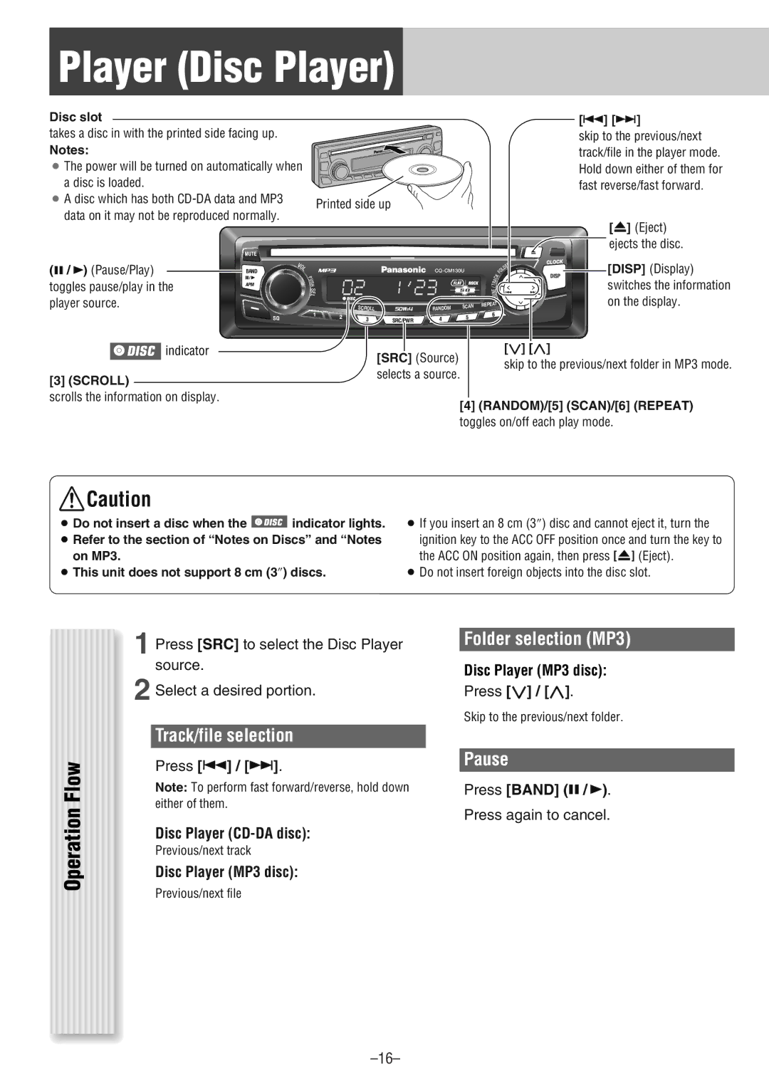 Panasonic CQ-CM130U warranty Player Disc Player, Track/file selection, Folder selection MP3, Pause 