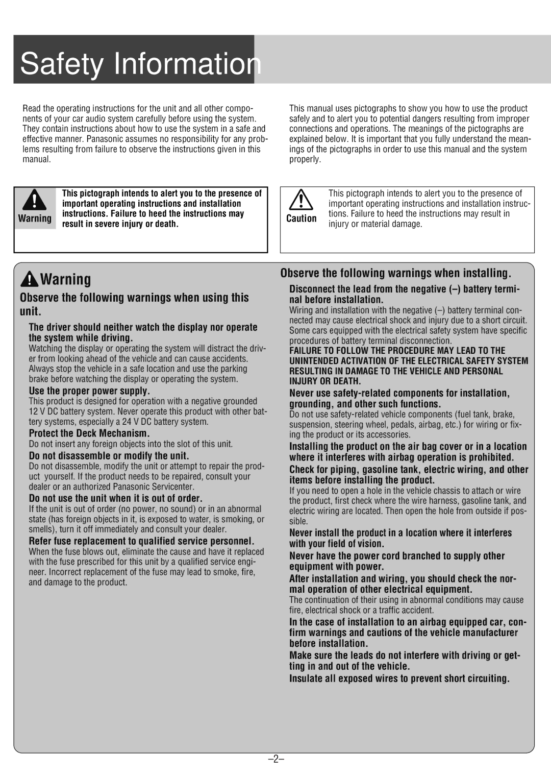 Panasonic CQ-CM130U warranty Safety Information, Observe the following warnings when installing, Injury or material damage 