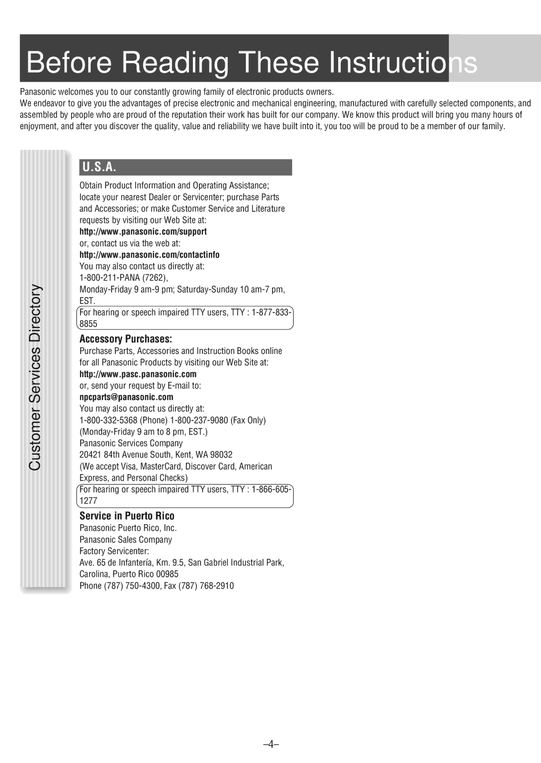 Panasonic CQ-CM130U warranty Before Reading These Instructions, Customer Services Directory, Accessory Purchases 