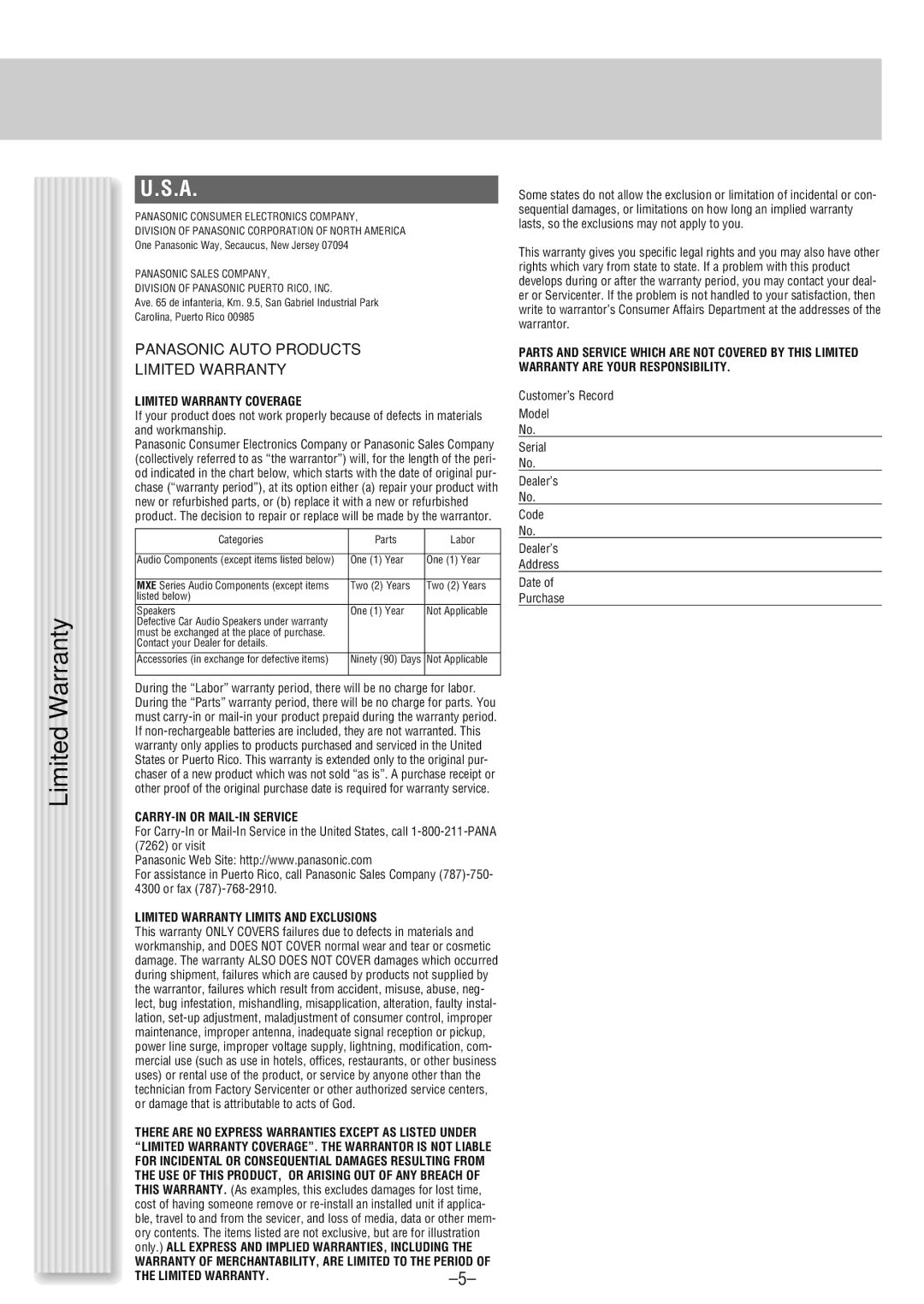 Panasonic CQ-CM130U warranty Panasonic Auto Products Limited Warranty 