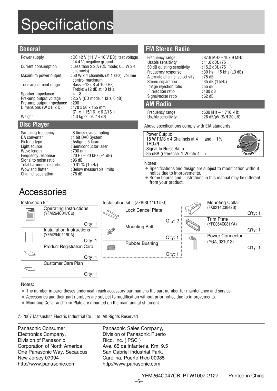 Panasonic CQ-CM130U warranty Specifications, General, Disc Player, FM Stereo Radio, AM Radio 