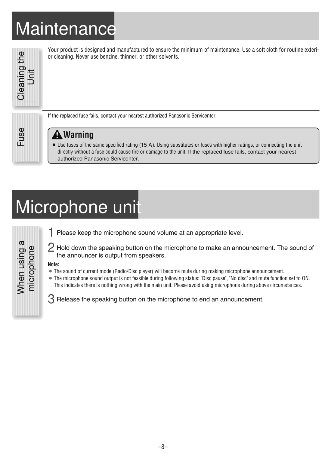 Panasonic CQ-CM130U warranty Maintenance, Microphone unit, Cleaning Fuse Unit 