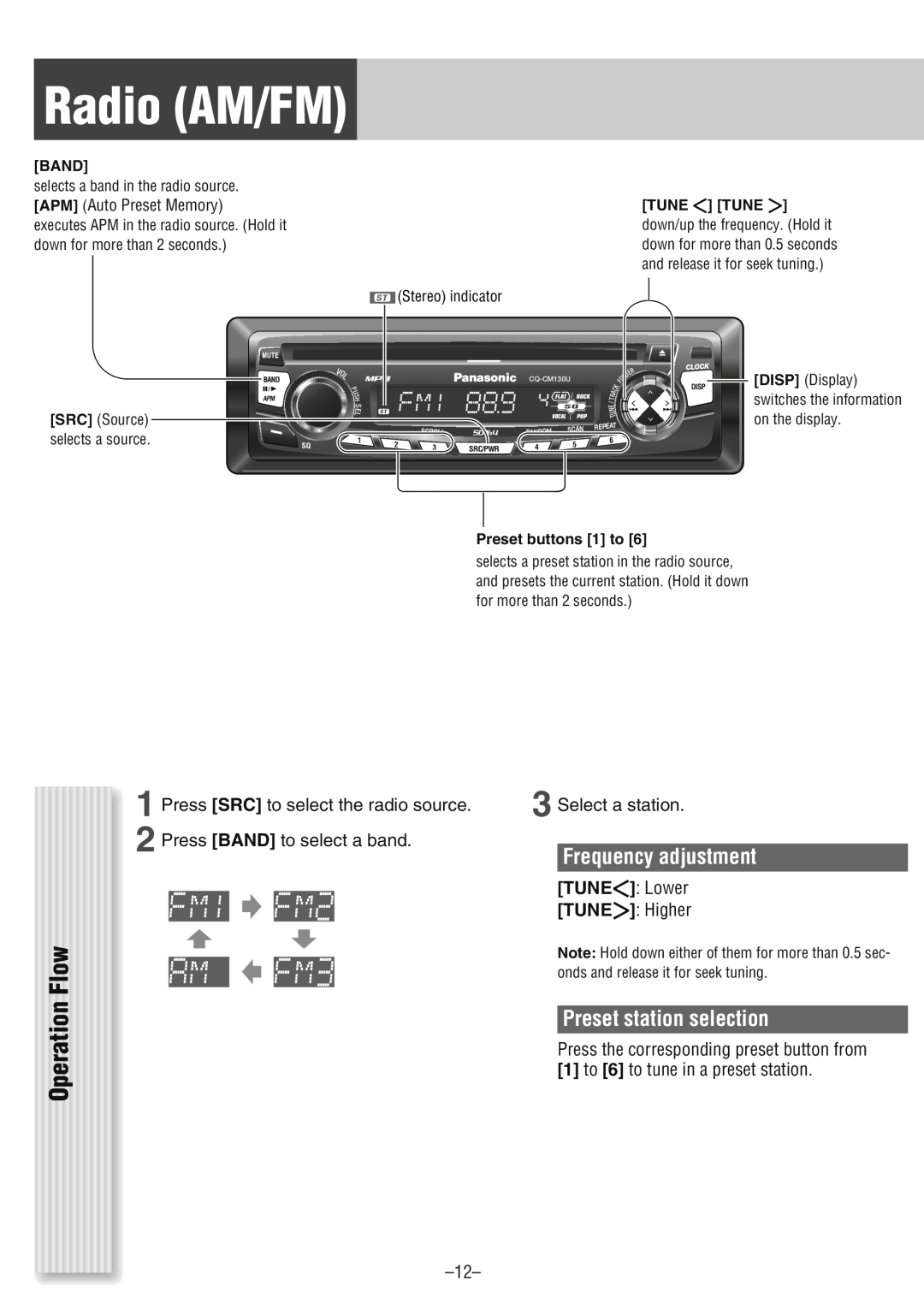 Panasonic CQ-CM130U warranty Radio AM/FM, Operation Flow, Frequency adjustment, Preset station selection, Stereo indicator 