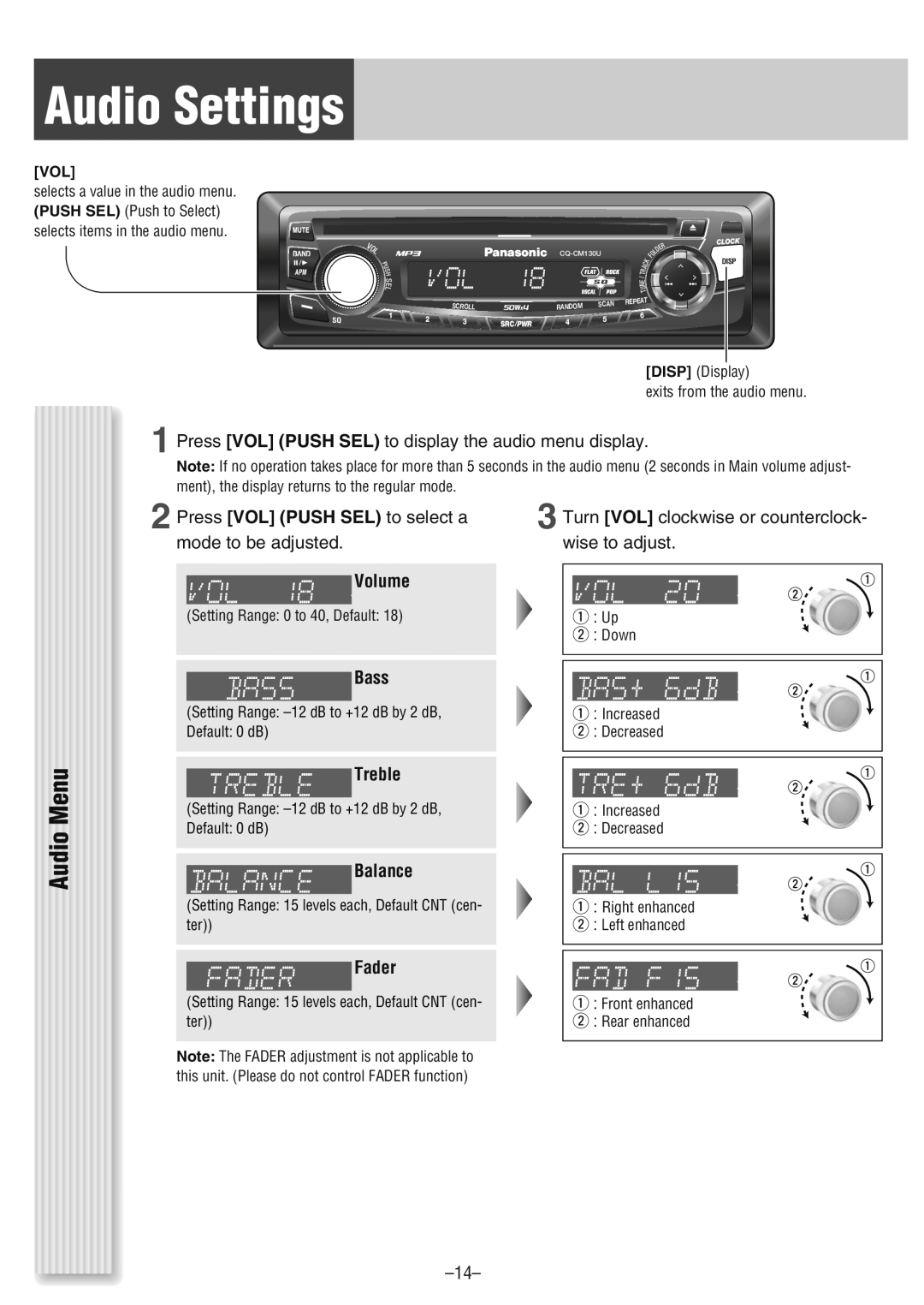 Panasonic CQ-CM130U warranty Audio Settings, Audio Menu, Volume, Bass, Treble, Balance, Fader 