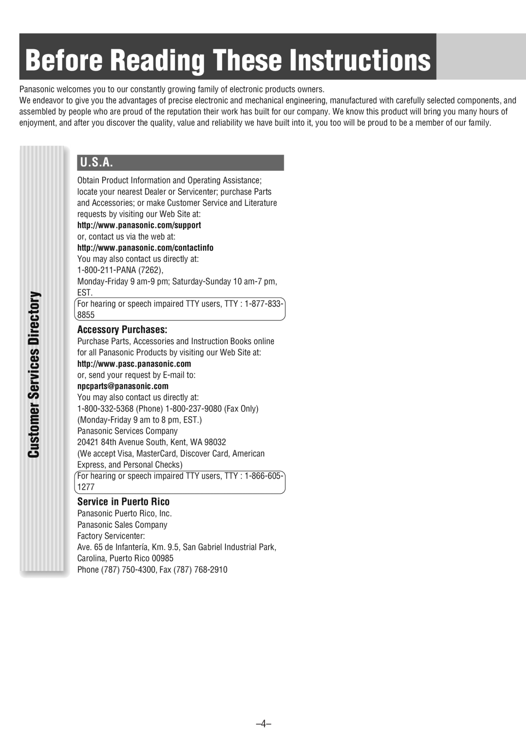 Panasonic CQ-CM130U warranty Before Reading These Instructions, Customer Services Directory, U.S.A, Accessory Purchases 