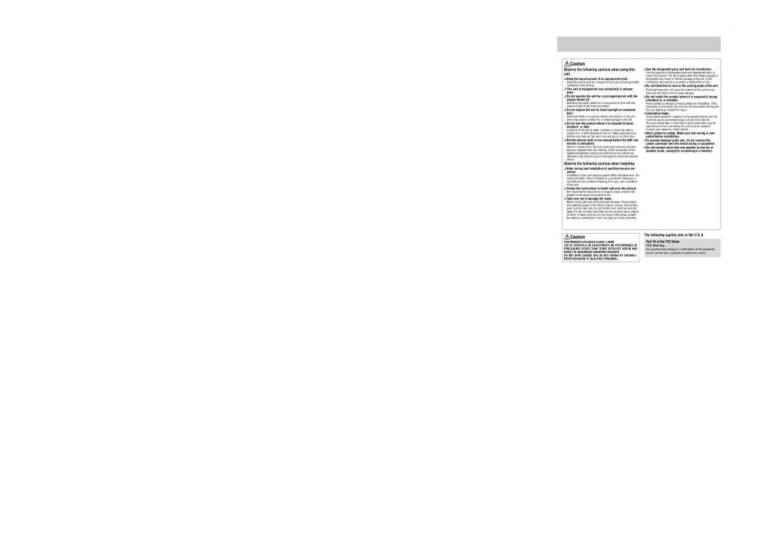 Panasonic CQ-CP134U specifications Observe the following cautions when installing, Part 15 of the FCC Rules 