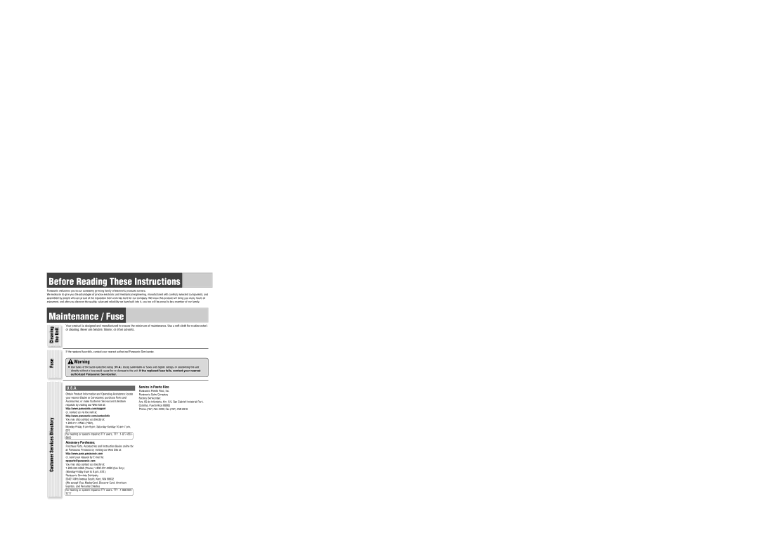 Panasonic CQ-CP134U Before Reading These Instructions, Maintenance / Fuse, Accessory Purchases, Service in Puerto Rico 